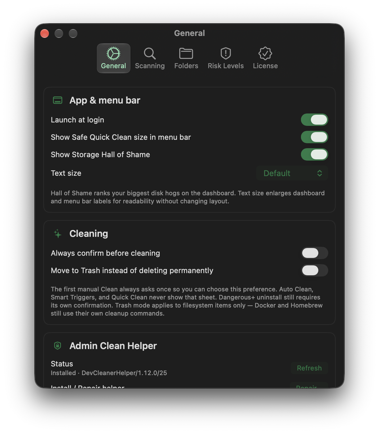 DevCleaner Settings, General tab. Launch at login, confirm before a manual clean, and move filesystem items to Trash.