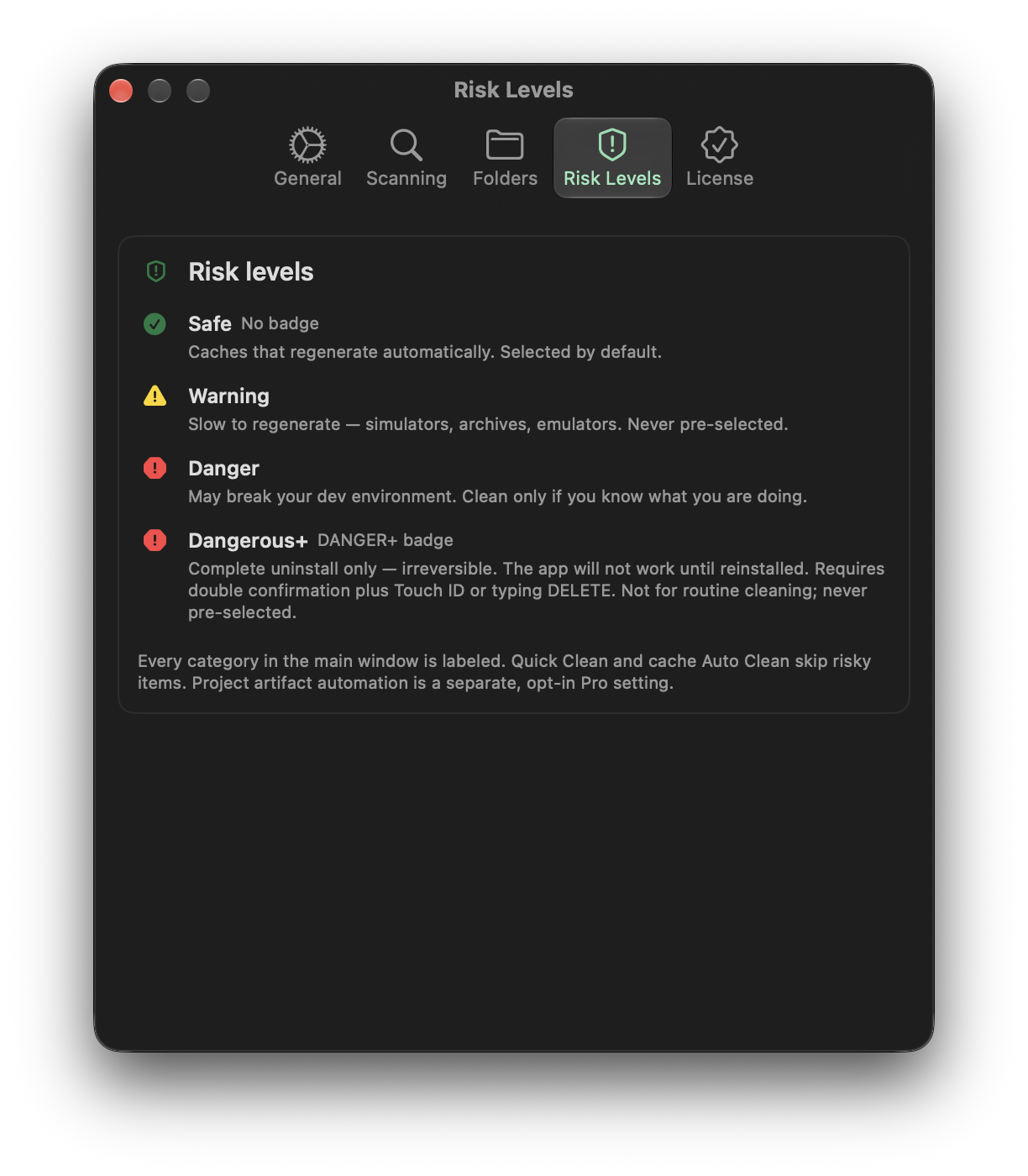 DevCleaner Settings, Risk Levels tab. Safe, Warning, Danger, and Dangerous+ labels. Only Safe is pre-selected.